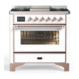ILVE UM36FNR3WHPLP Majestic III 36 inch Dual Fuel Range with 6 Black Brass Burners and Griddle, Dual Function Burner up to 25,000 BTU (Triple Glass Door, White, Copper, Liquid Propane)