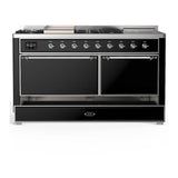 ILVE UM60FSQNR3BKC Majestic III 60 inch Dual Fuel Range with 7 Burners, Griddle and French Top, Dual Function Burner with up to 25,000 BTU (Natural Gas, Solid Door, Glossy Black, Chrome)