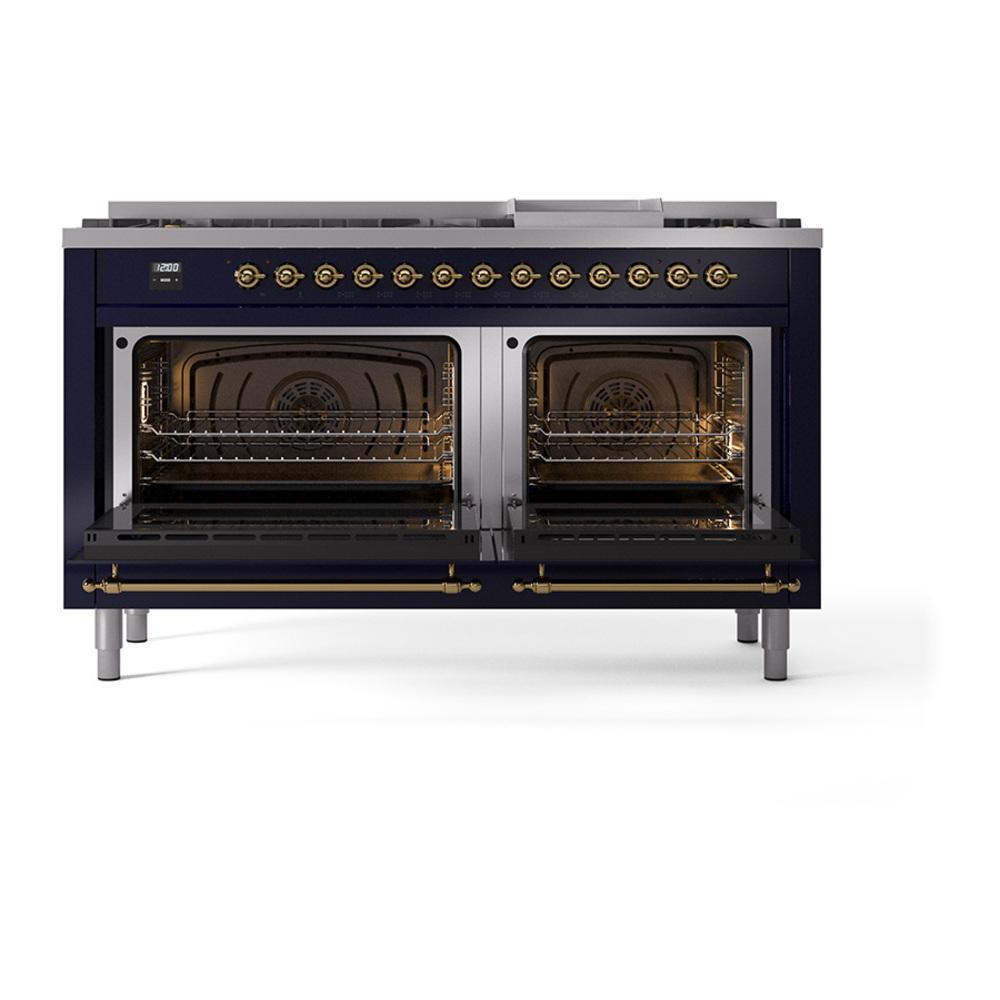 ILVE UN60FQNMPMBG Nostalgie II Noblesse 60 inch Dual Fuel Range (9 Sealed Burners + Griddle, Natural Gas, Solid Door, Midnight Blue, Brass)
