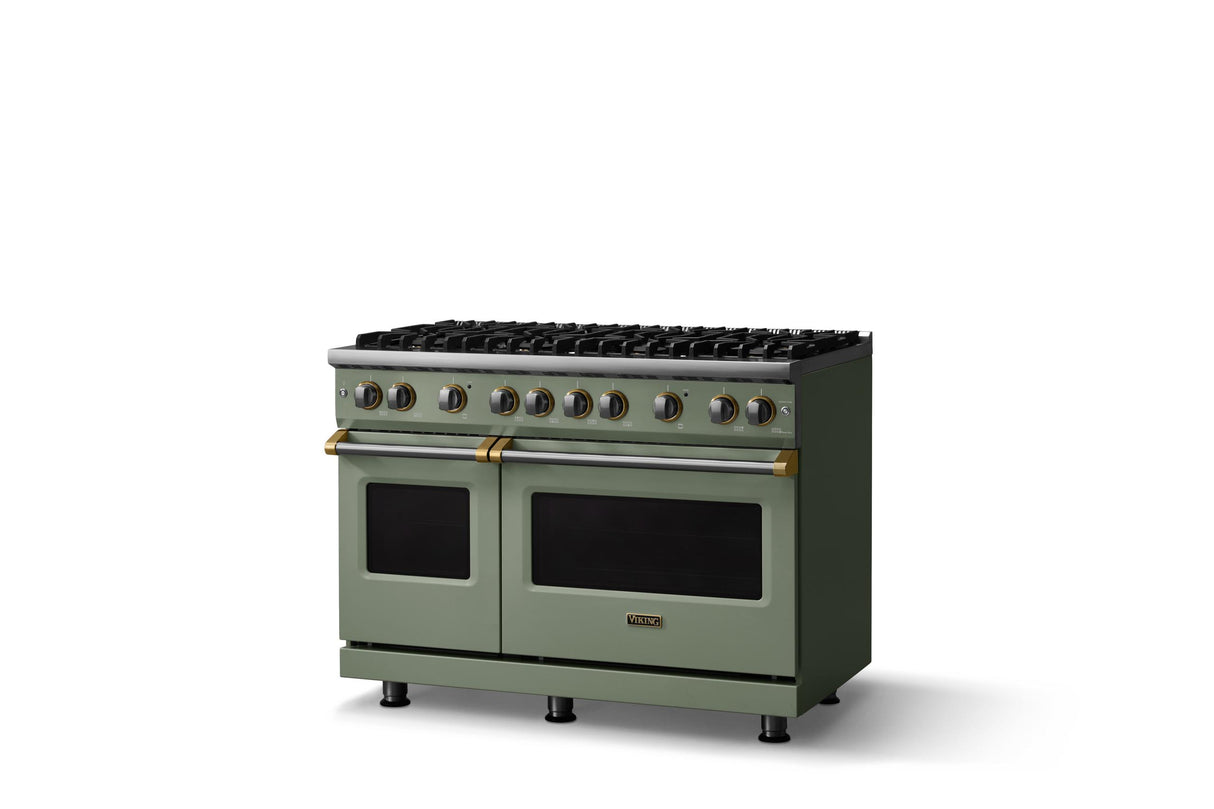 48"W. Sealed Burner Gas Range (Burner: 8b, Finish: Eucalyptus, Trim: Brushed Brass, Fuel: Propane)