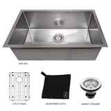 ZLINE 30 in. Meribel Undermount Single Bowl Satin Stainless Steel Kitchen Sink with Bottom Grid (SRS-30S)