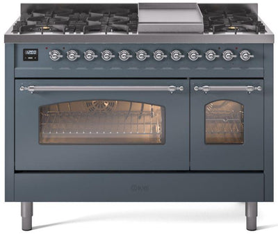 Nostalgie II 48 Inch Dual Fuel Natural Gas Freestanding Range in Blue Grey with Chrome Trim