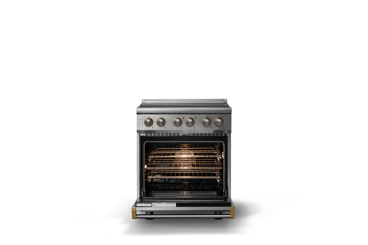 30"W. Induction Range (Finish: Stainless Steel, Trim: Brushed Brass)