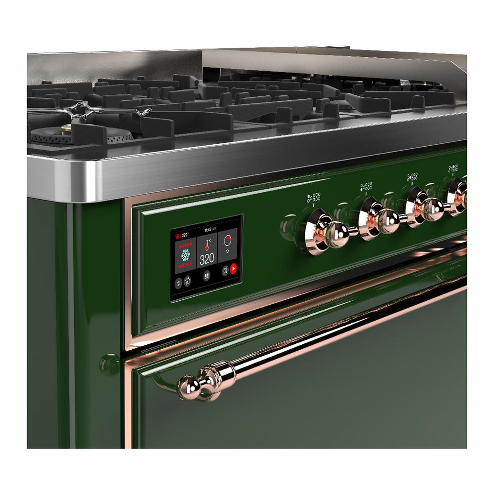 ILVE UM60FQNR3EGPLP Majestic III 60 inch Dual Fuel Range with 9 Burners and Griddle, Dual Function Burner up to 25,000 BTU (Liquid Propane, Solid Door, Emerald Green, Copper)