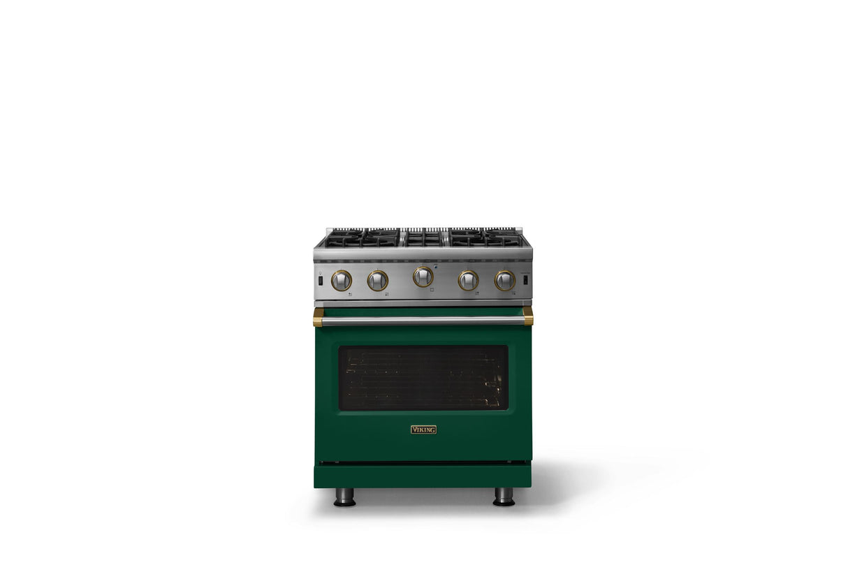 30"W. Open Burner Gas Range (Finish: Ivy, Trim: Brushed Brass, Fuel: Natural Gas)