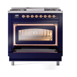 ILVE UN36FNMPMBP Nostalgie II Noblesse 36 inch Dual Fuel Range (Natural Gas, Triple Glass Door, Midnight Blue, Copper)