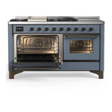 ILVE UM60FSNR3BGBLP Majestic III 60 inch Dual Fuel Range with 7 Burners, Griddle and French Top, Dual Function Burner with up to 25,000 BTU (Liquid Propane, Triple Glass Door, Blue Grey, Burnished)