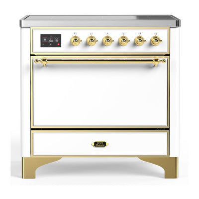 ILVE UMIB36QNR3WHG Majestic III 36 inch Induction Range with 6 Elements, 3.5 cu. ft. Total Oven Capacity (Solid Door, White, Brass)