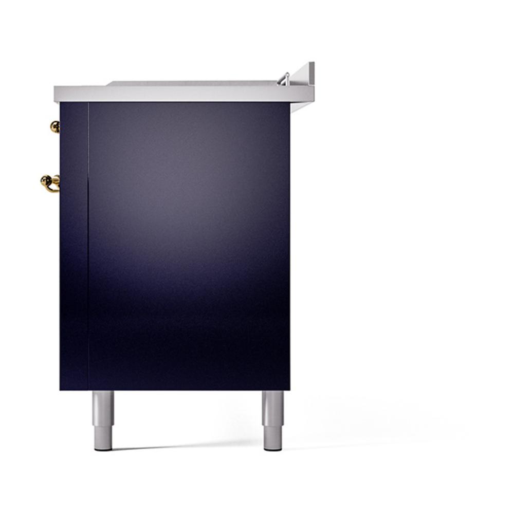 ILVE UN60FSQNMPMBG Nostalgie II Noblesse 60 inch Dual Fuel Range (7 Sealed Burners + Griddle + French Top, Natural Gas, Solid Door, Midnight Blue, Brass)