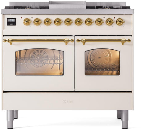 Nostalgie II 40 Inch Dual Fuel Natural Gas Freestanding Range in Antique White with Brass Trim