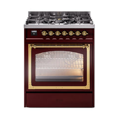 ILVE UN30NMPBUG Nostalgie II Noblesse 30 inch Dual Fuel Range (Natural Gas, Triple Glass Door, Burgundy, Brass)