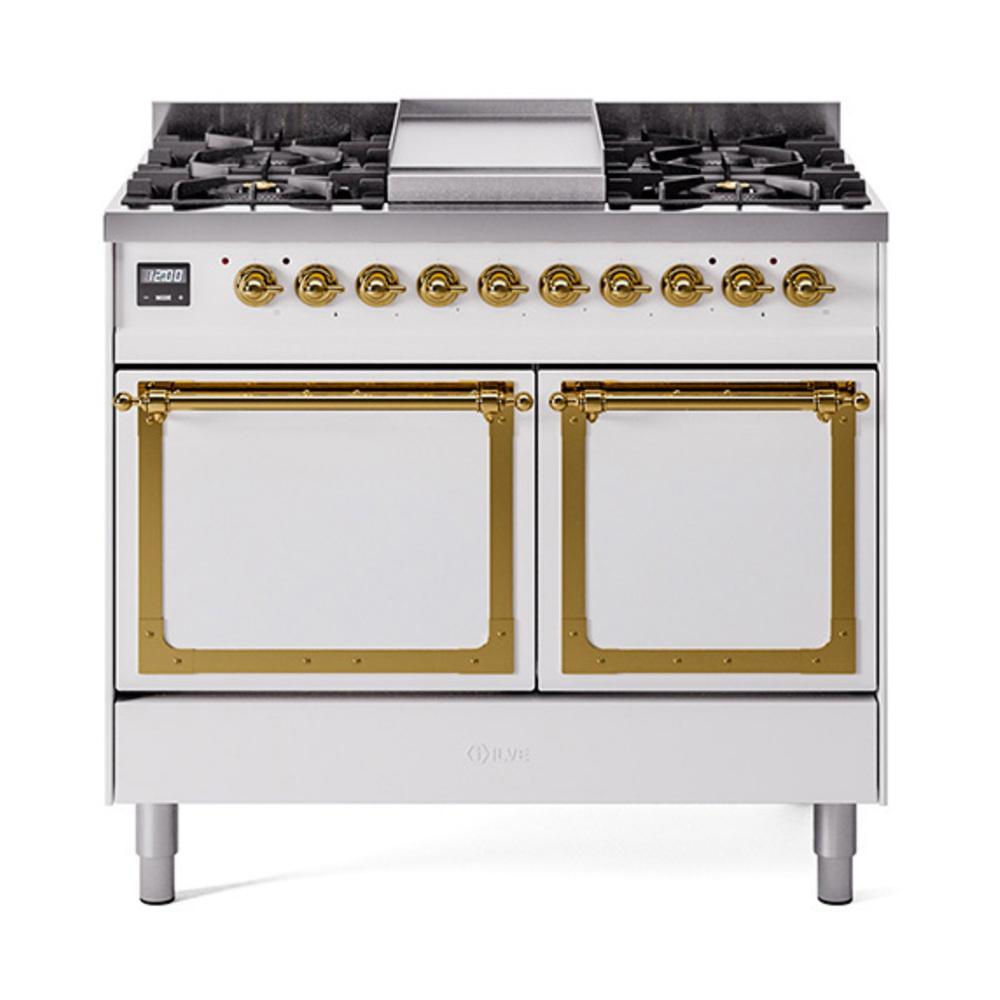 ILVE UND40FQNMPWHG Nostalgie II Noblesse 40 inch Dual Fuel Range (Natural Gas, Solid Door, White, Brass)