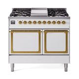 ILVE UND40FQNMPWHG Nostalgie II Noblesse 40 inch Dual Fuel Range (Natural Gas, Solid Door, White, Brass)