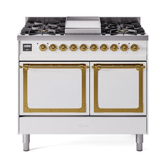 ILVE UND40FQNMPWHG Nostalgie II Noblesse 40 inch Dual Fuel Range (Natural Gas, Solid Door, White, Brass)