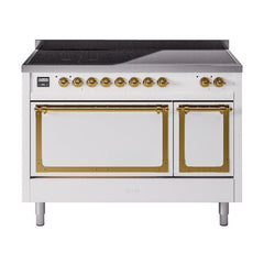 ILVE UNI486QNMPWHG Nostalgie II Noblesse 48 inch Induction Range (Solid Door, White, Brass)