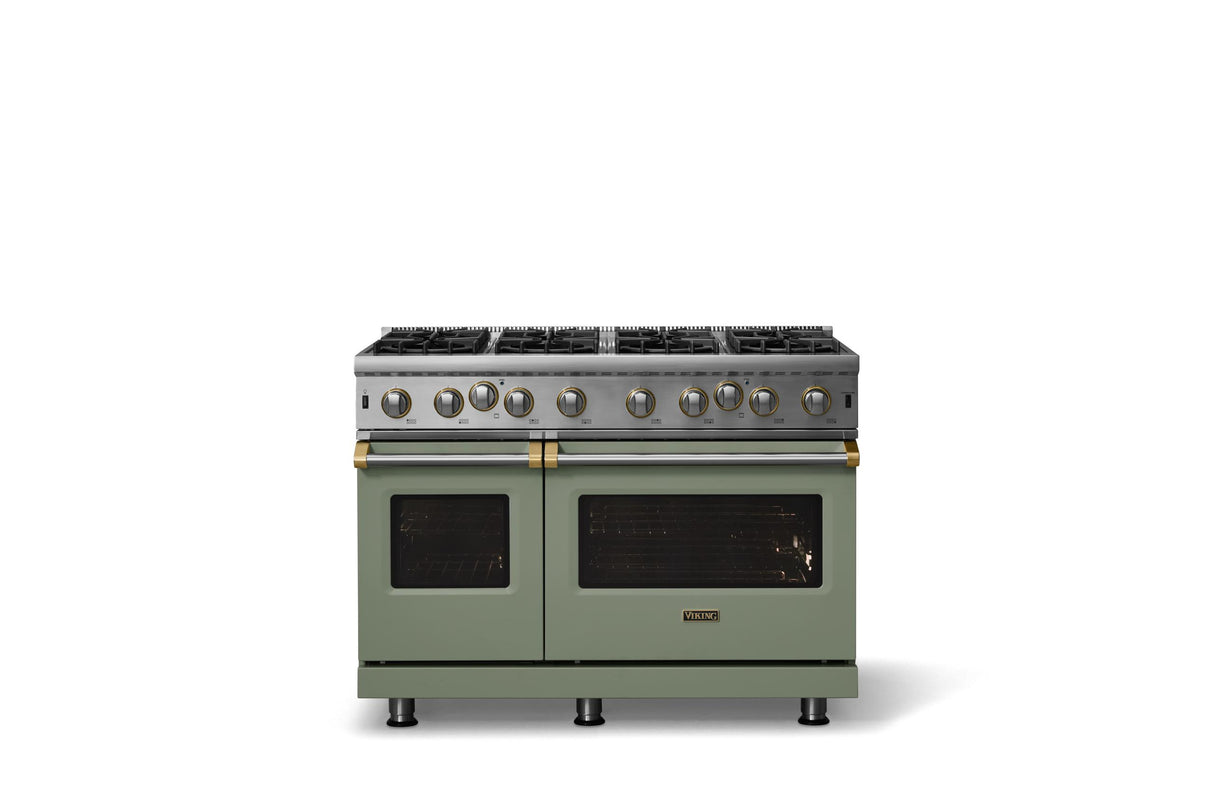 48"W. Open Burner Gas Range (Finish: Eucalyptus, Trim: Brushed Brass, Fuel: Propane)