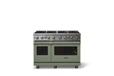 48"W. Open Burner Gas Range (Finish: Eucalyptus, Trim: Brushed Brass, Fuel: Propane)
