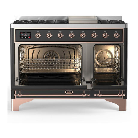 ILVE UM48FQNR3MGP Majestic III 48 inch Dual Fuel Range with 8 Burners and Griddle, Dual Function Burner up to 25,000 BTU (Natural Gas, Solid Door, Graphite Matte, Copper)