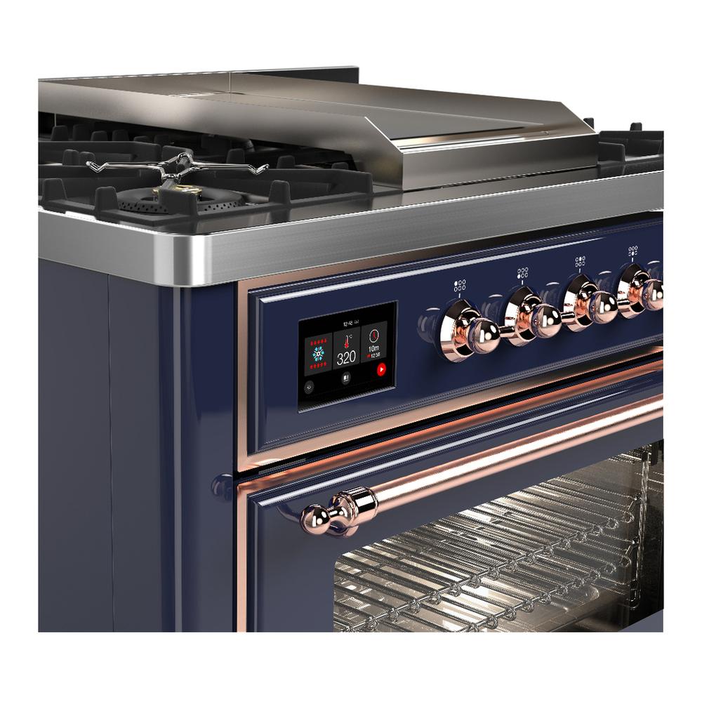 ILVE UM36FNR3MBPLP Majestic III 36 inch Dual Fuel Range with 6 Black Brass Burners and Griddle, Dual Function Burner up to 25,000 BTU (Triple Glass Door, Midnight Blue, Copper, Liquid Propane)