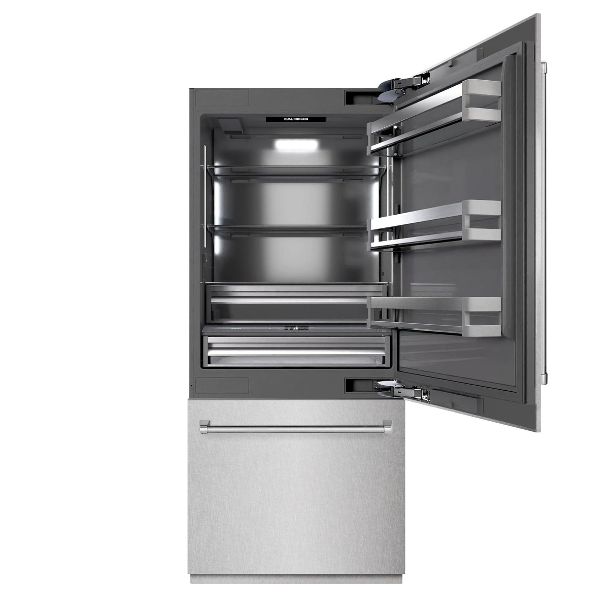 ZLINE 36 in. 19.8 cu. ft. Built-In Bottom Freezer Refrigerator with Water Dispenser and Ice Maker in DuraSnow' Stainless Steel with Graphite Gray Interior (GRBIT-SN-36)