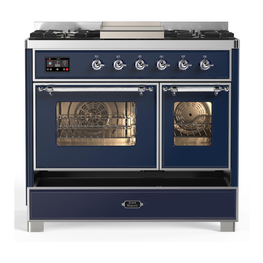 ILVE UMD40FNR3MBC Majestic III 40 inch Dual Fuel Range with 6 Burners and Griddle, Dual Function Burner up to 25,000 BTU (Natural Gas, Triple Glass Door, Midnight Blue, Chrome)