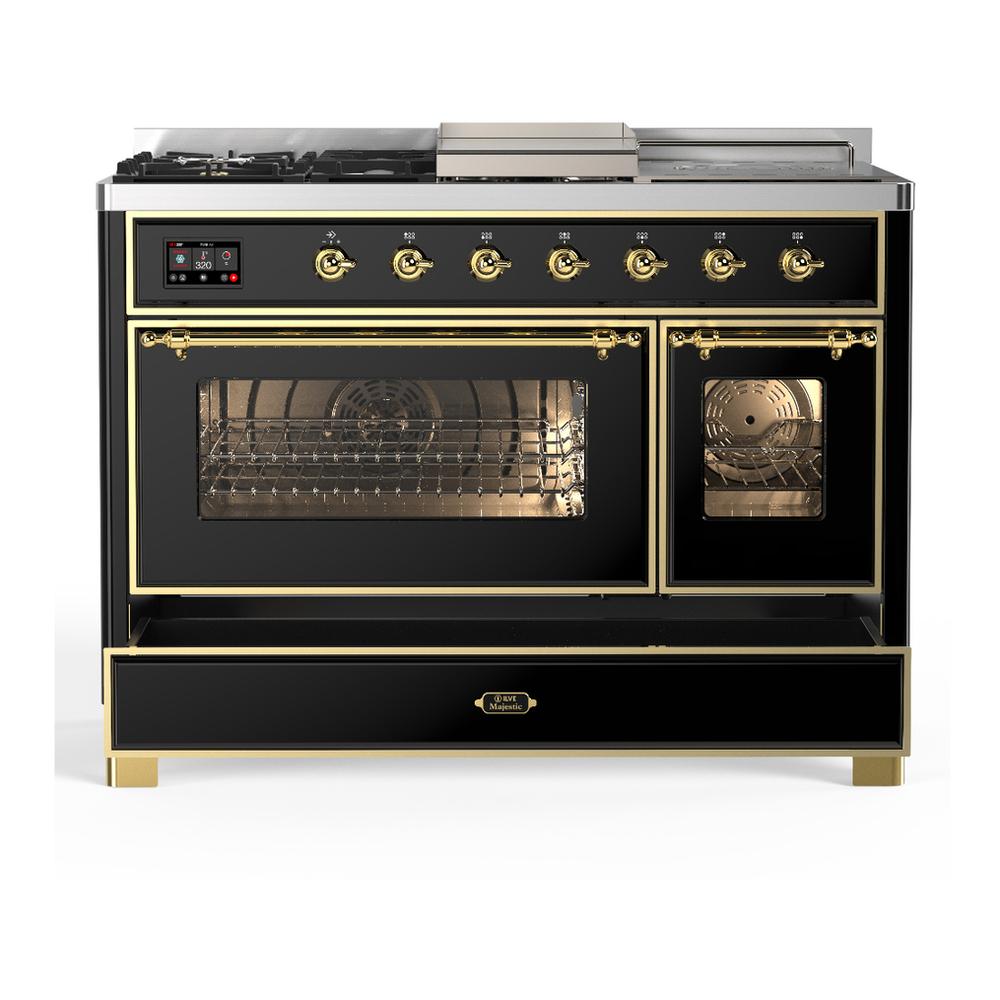 ILVE UM48FSNR3BKG Majestic III 48 inch Dual Fuel Range with 5 Black Brass Burners, Griddle and French Top, Dual Function Burner up to 25,000 BTU (Natural Gas, Triple Glass Door, Glossy Black, Brass)