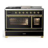 ILVE UM48FSNR3BKG Majestic III 48 inch Dual Fuel Range with 5 Black Brass Burners, Griddle and French Top, Dual Function Burner up to 25,000 BTU (Natural Gas, Triple Glass Door, Glossy Black, Brass)