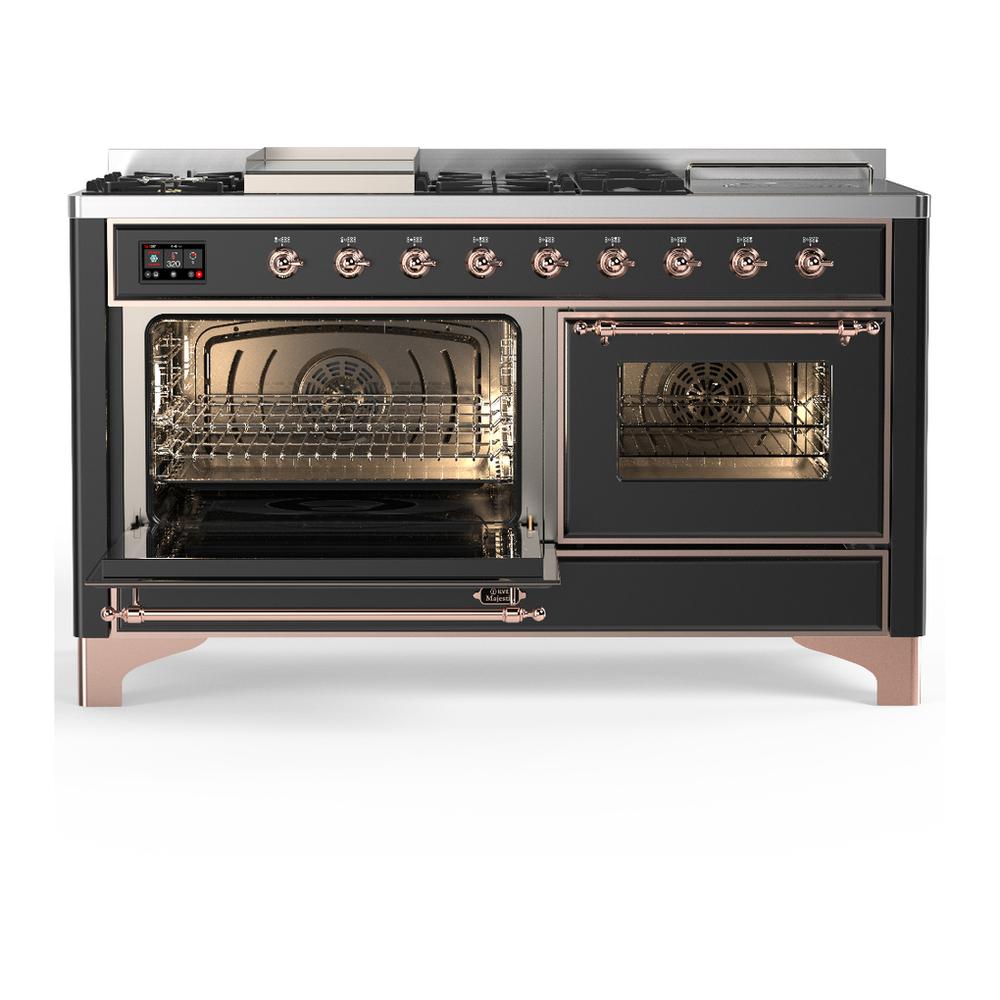 ILVE UM60FSNR3MGPLP Majestic III 60 inch Dual Fuel Range with 7 Burners, Griddle and French Top, Dual Function Burner with up to 25,000 BTU (Liquid Propane, Triple Glass Door, Graphite Matte, Copper)