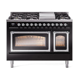 ILVE UN48FNMPBKC Nostalgie II Noblesse 48 inch Dual Fuel Range (8 Sealed Burners + Griddle, Natural Gas, Triple Glass Door, Glossy Black, Chrome)