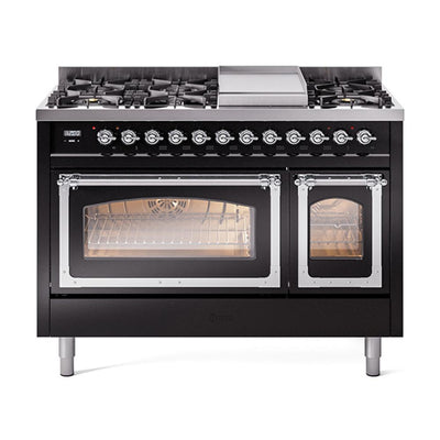 ILVE UN48FNMPBKC Nostalgie II Noblesse 48 inch Dual Fuel Range (8 Sealed Burners + Griddle, Natural Gas, Triple Glass Door, Glossy Black, Chrome)