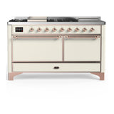 ILVE UM60FSQNR3AWPLP Majestic III 60 inch Dual Fuel Range with 7 Burners, Griddle and French Top, Dual Function Burner with up to 25,000 BTU (Liquid Propane, Solid Door, Antique White, Copper)