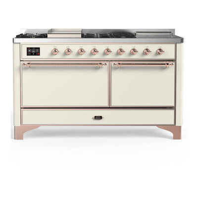 ILVE UM60FSQNR3AWPLP Majestic III 60 inch Dual Fuel Range with 7 Burners, Griddle and French Top, Dual Function Burner with up to 25,000 BTU (Liquid Propane, Solid Door, Antique White, Copper)