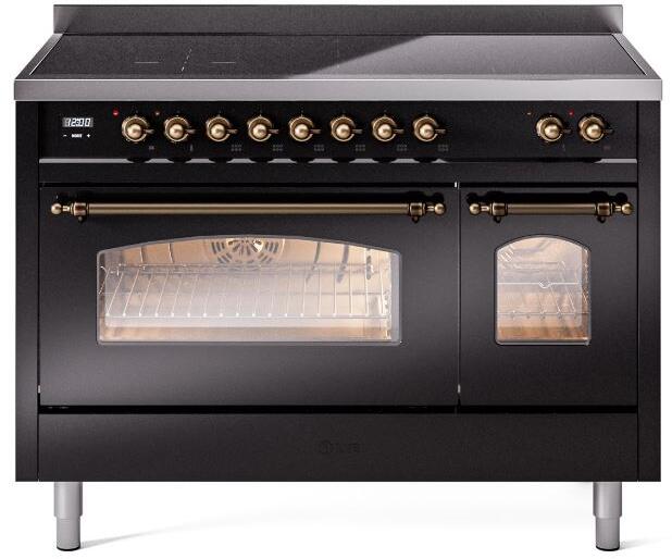 Nostalgie II 48 Inch Electric Freestanding Range in Glossy Black with Bronze Trim