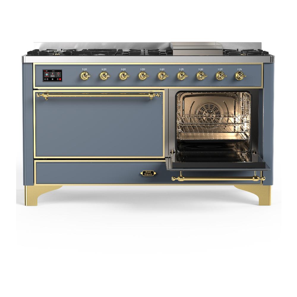 ILVE UM60FQNR3BGG Majestic III 60 inch Dual Fuel Range with 9 Burners and Griddle, Dual Function Burner up to 25,000 BTU (Natural Gas, Solid Door, Blue Grey, Brass)