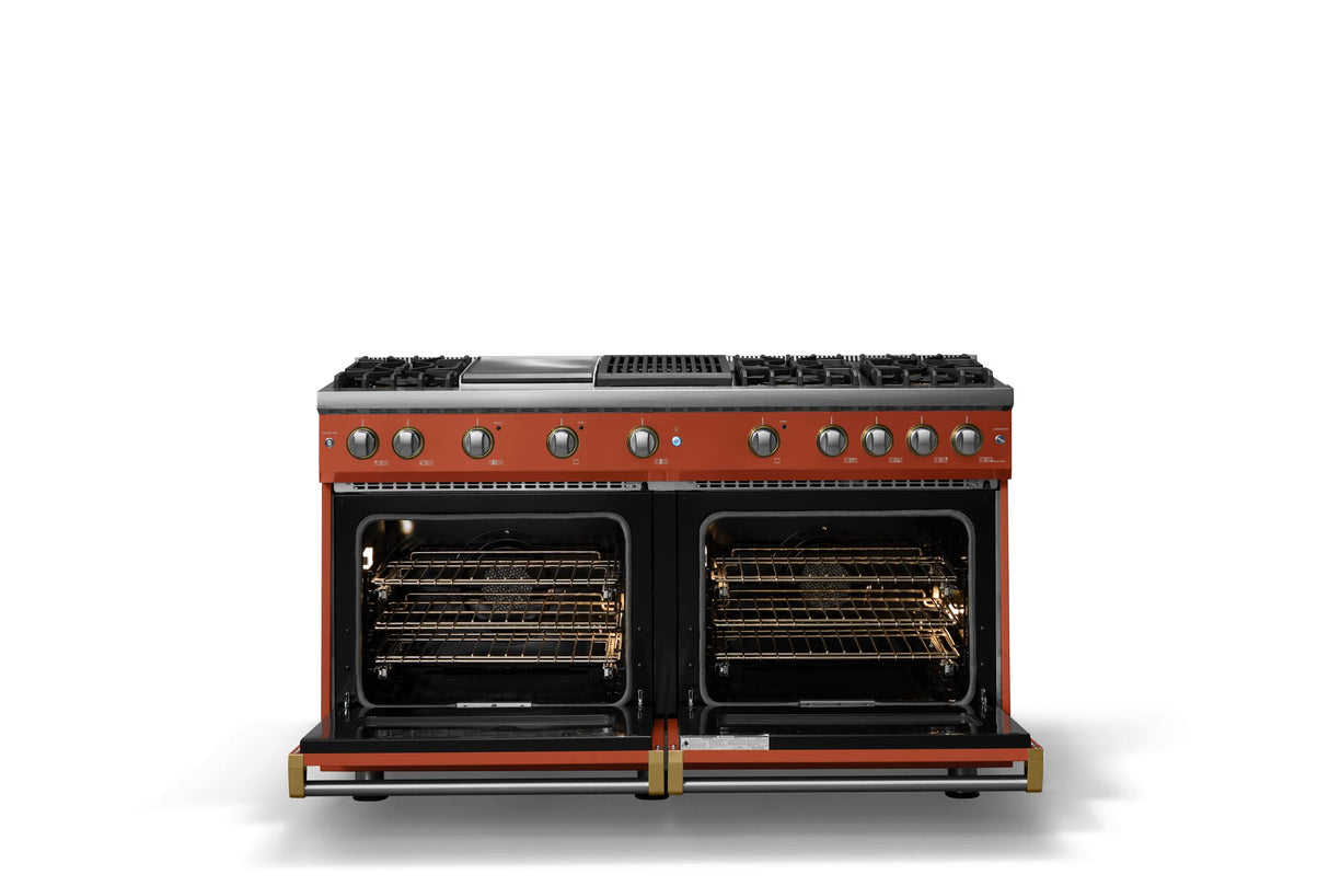 60"W. Sealed Burner Gas Range (Finish: Spiced Cider, Trim: Polished Chrome, Fuel: Propane)