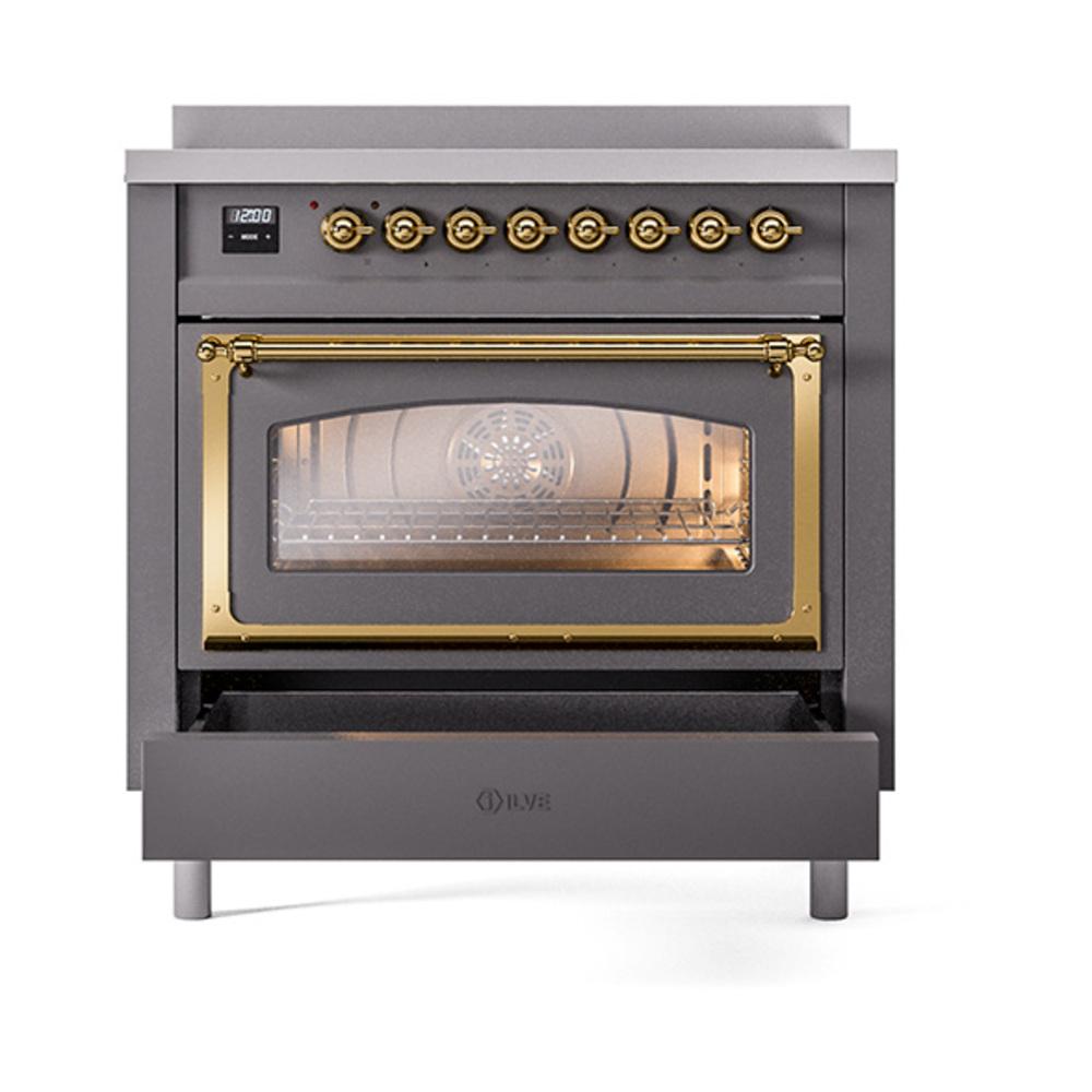 ILVE UNI366NMPMGG Nostalgie II Noblesse 36 inch Induction Range (Triple Glass Door, Graphite Matte, Brass)