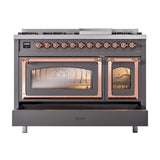 ILVE UN48FNMPMGPLP Nostalgie II Noblesse 48 inch Dual Fuel Range (8 Sealed Burners + Griddle, Liquid Propane, Triple Glass Door, Graphite Matte, Copper)