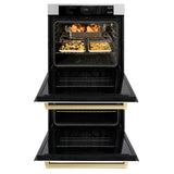 ZLINE 30 in. Autograph Edition Professional True Convection Double Wall Oven with Air Fry and Self Clean in DuraSnow' Stainless Steel with White Matte Doors and Champagne Bronze Handles (WADSZ-WM-30-CB)