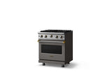 30"W. Open Burner Gas Range (Finish: Damascus Gray, Trim: Brushed Brass, Fuel: Propane)
