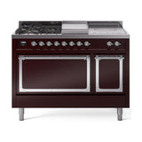 ILVE UN48FSQNMPBUCLP Nostalgie II Noblesse 48 inch Dual Fuel Range (5 Sealed Burners + Griddle + French Top, Liquid Propane, Solid Door, Burgundy, Chrome)