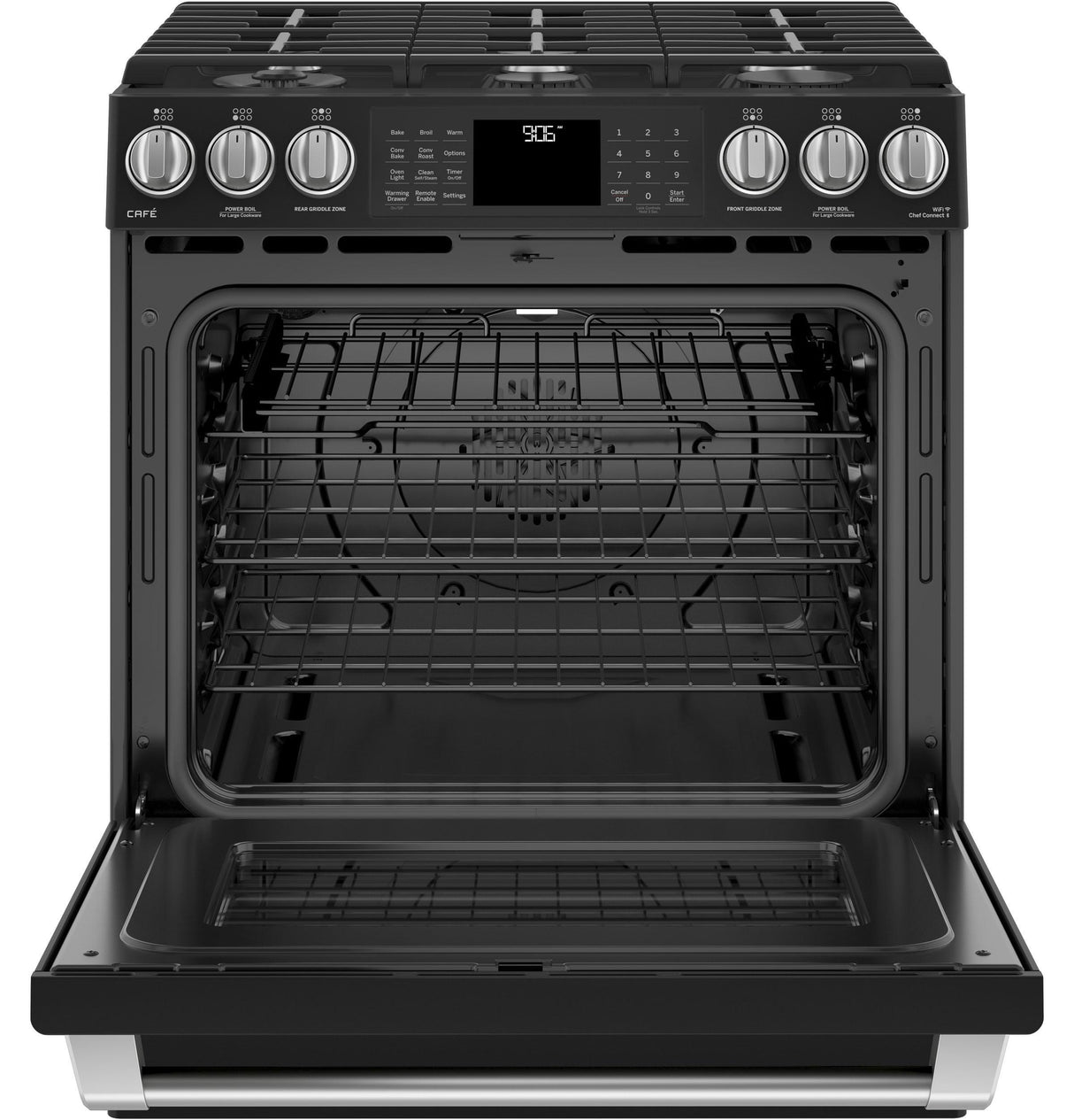GE Café Series 30" Slide-In Front Control Range with Warming Drawer
