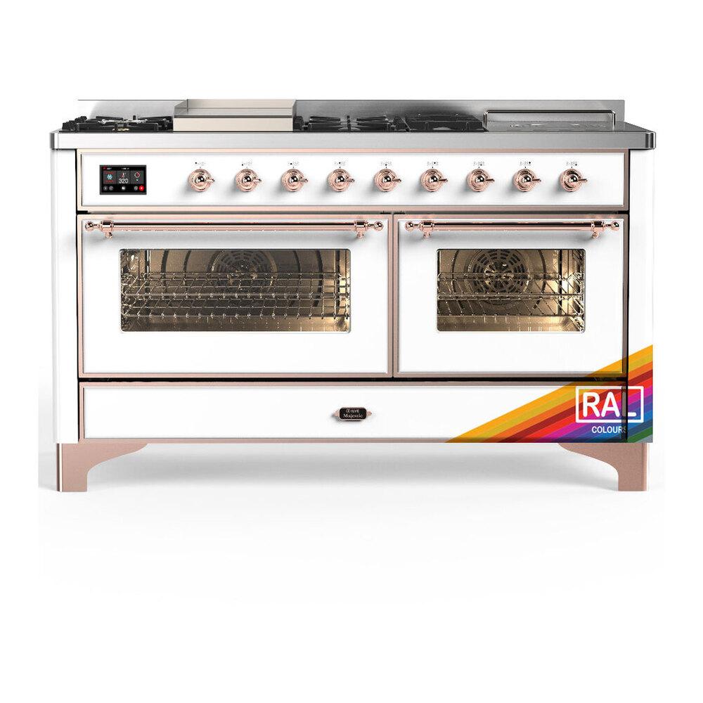 ILVE UM60FSNR3RAPLP Majestic III 60 inch Dual Fuel Range with 7 Burners, Griddle and French Top, Dual Function Burner with up to 25,000 BTU (Liquid Propane, Triple Glass Door, RAL, Copper)