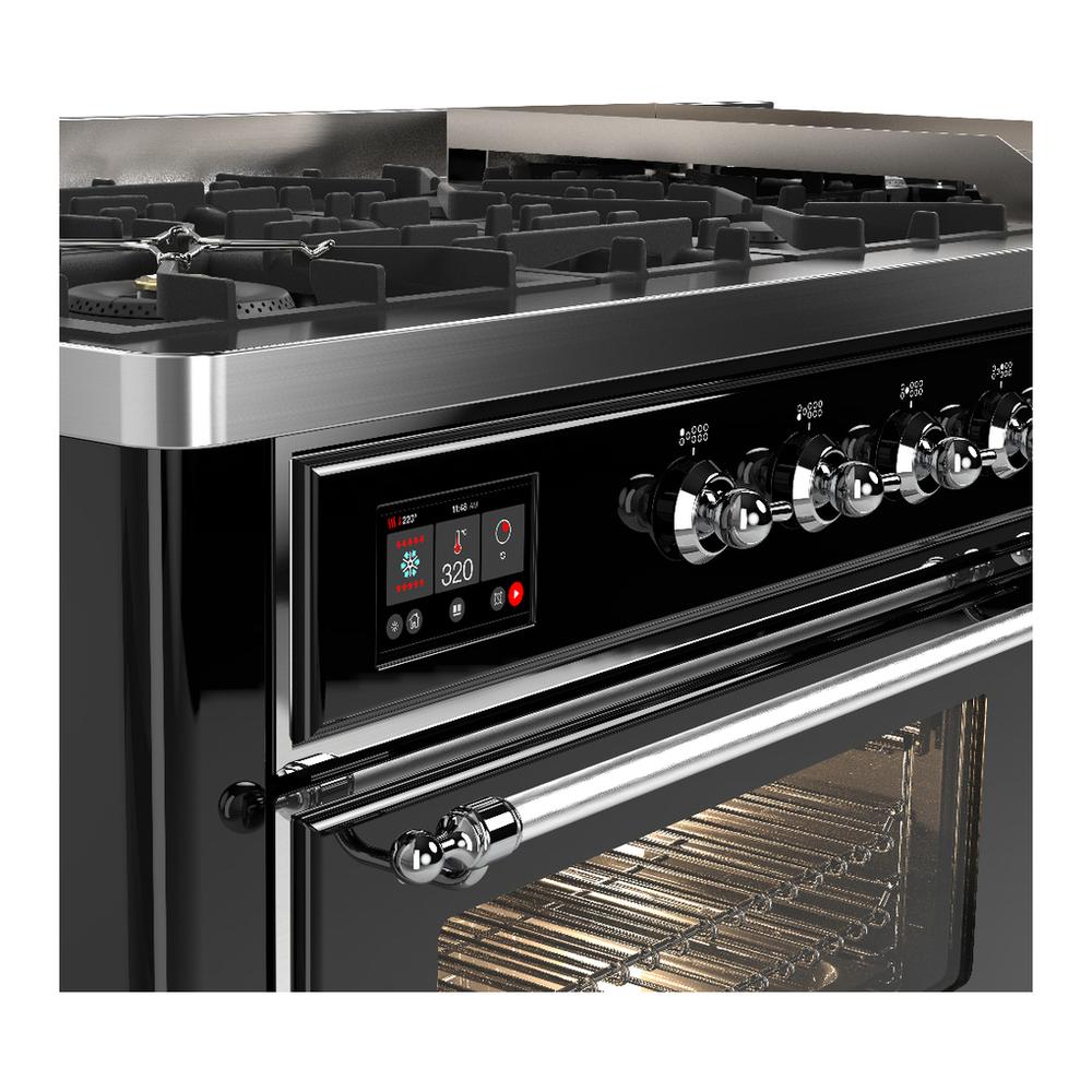 ILVE UM60FNR3BKCLP Majestic III 60 inch Dual Fuel Range with 9 Burners and Griddle, Dual Function Burner up to 25,000 BTU (Liquid Propane, Triple Glass Door, Glossy Black, Chrome)