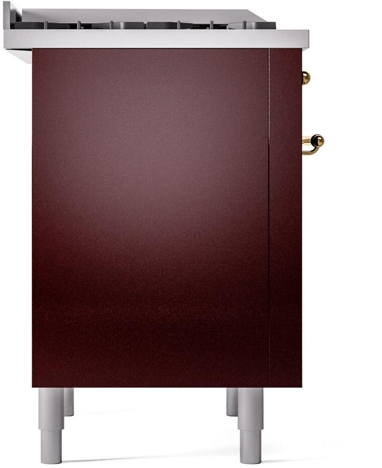 Nostalgie II 36 Inch Dual Fuel Natural Gas Freestanding Range in Burgundy with Brass Trim