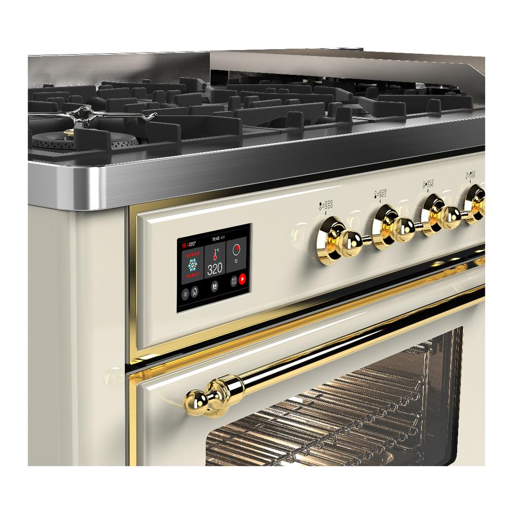 ILVE UM60FNR3AWGLP Majestic III 60 inch Dual Fuel Range with 9 Burners and Griddle, Dual Function Burner up to 25,000 BTU (Liquid Propane, Triple Glass Door, Antique White, Brass)