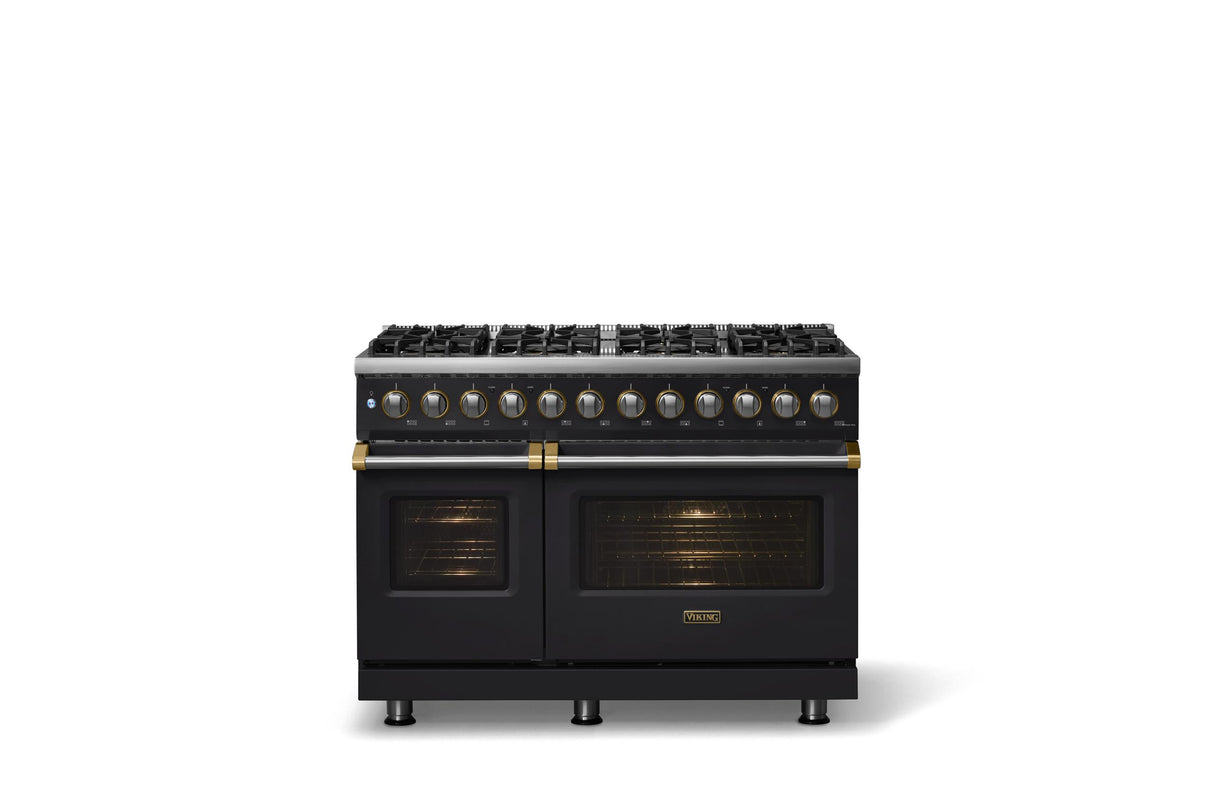 48"W. Dual Fuel Range (Burner: 8b, Finish: Onyx, Trim: Brushed Brass, Fuel: Natural Gas)
