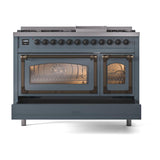 ILVE UN48FNMPBGBLP Nostalgie II Noblesse 48 inch Dual Fuel Range (8 Sealed Burners + Griddle, Liquid Propane, Triple Glass Door, Blue Grey, Burnished)