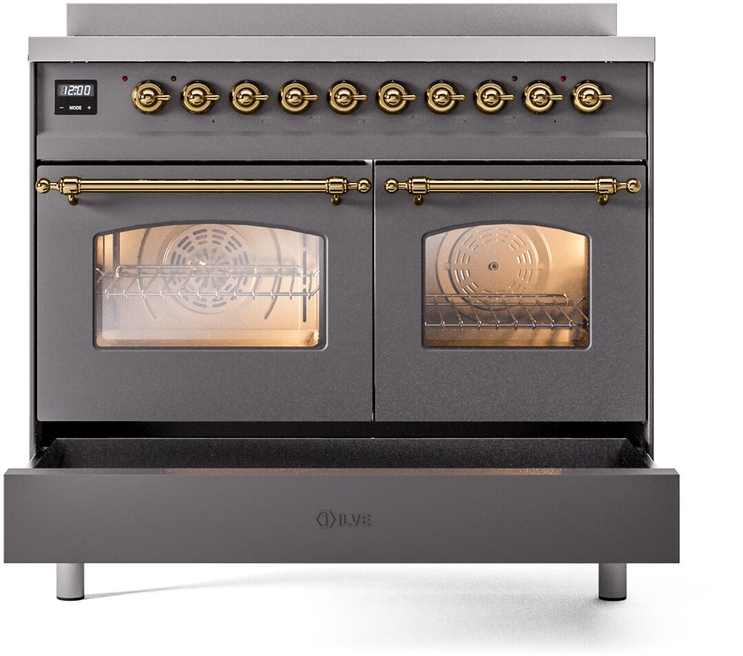Nostalgie II 40 Inch Electric Freestanding Range in Matte Graphite with Brass Trim