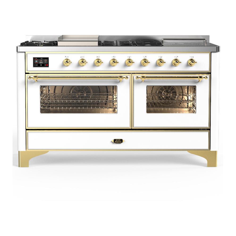 ILVE UM60FSNR3WHG Majestic III 60 inch Dual Fuel Range with 7 Burners, Griddle and French Top, Dual Function Burner with up to 25,000 BTU (Natural Gas, Triple Glass Door, White, Brass)