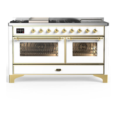 ILVE UM60FSNR3WHG Majestic III 60 inch Dual Fuel Range with 7 Burners, Griddle and French Top, Dual Function Burner with up to 25,000 BTU (Natural Gas, Triple Glass Door, White, Brass)